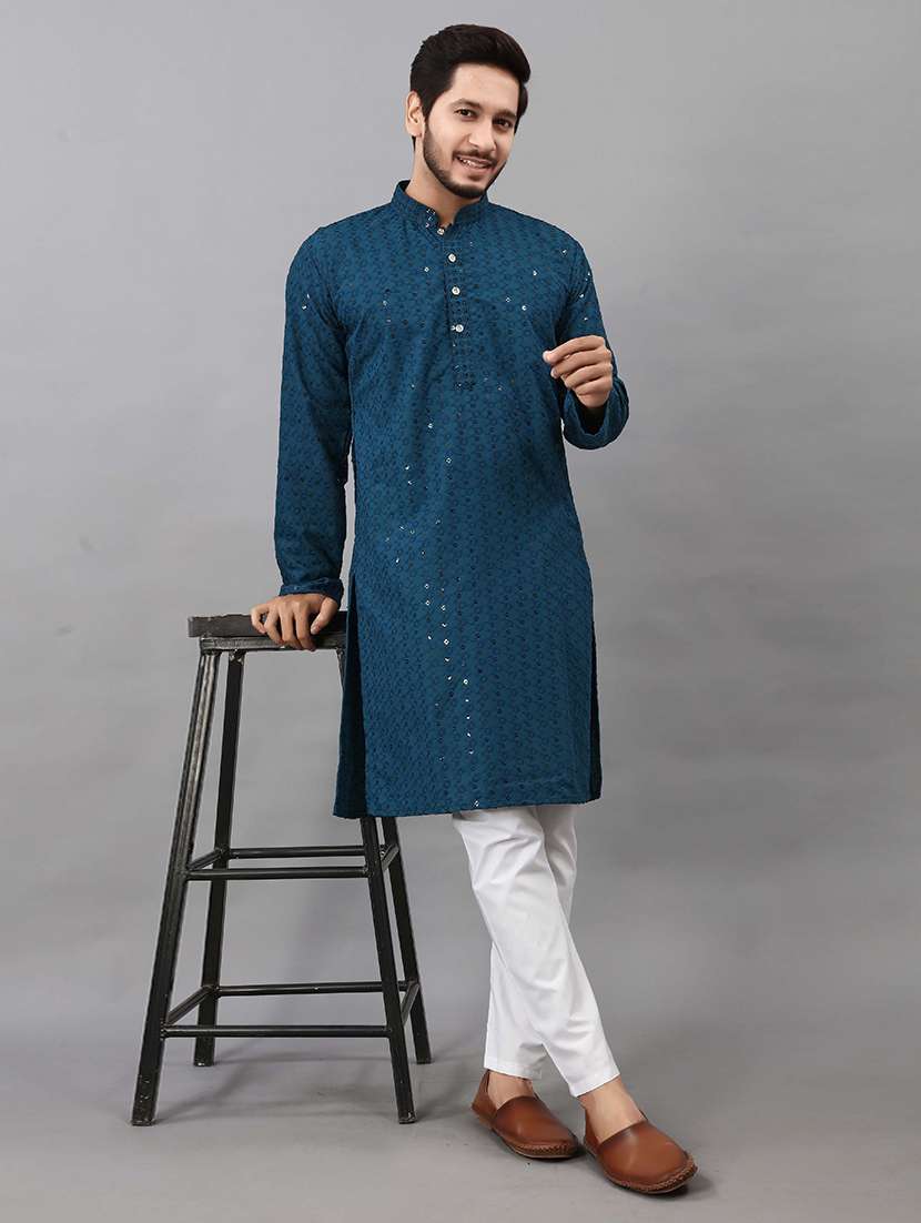 men solid with work mandarin neck kurta pyjama set