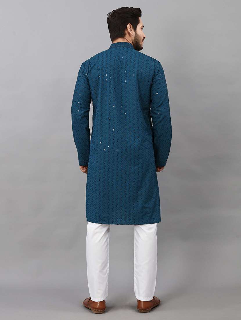 Men Solid With Work Mandarin Neck Kurta Pyjama Set - 22596601 -  Standard Image - 3