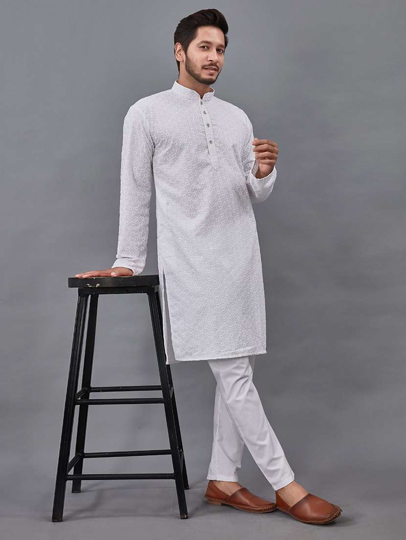 men solid with work mandarin neck kurta pyjama set
