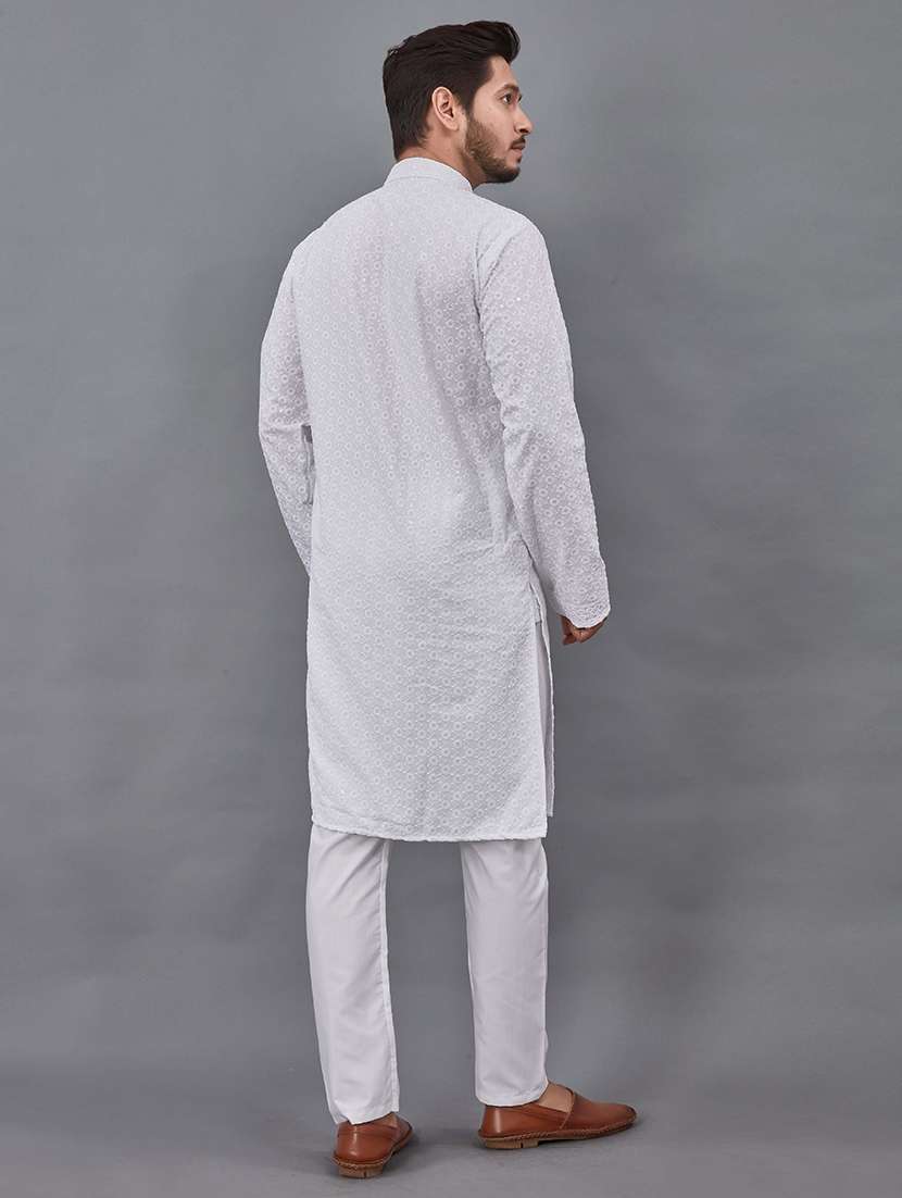 Men Solid With Work Mandarin Neck Kurta Pyjama Set - 22596602 -  Standard Image - 3