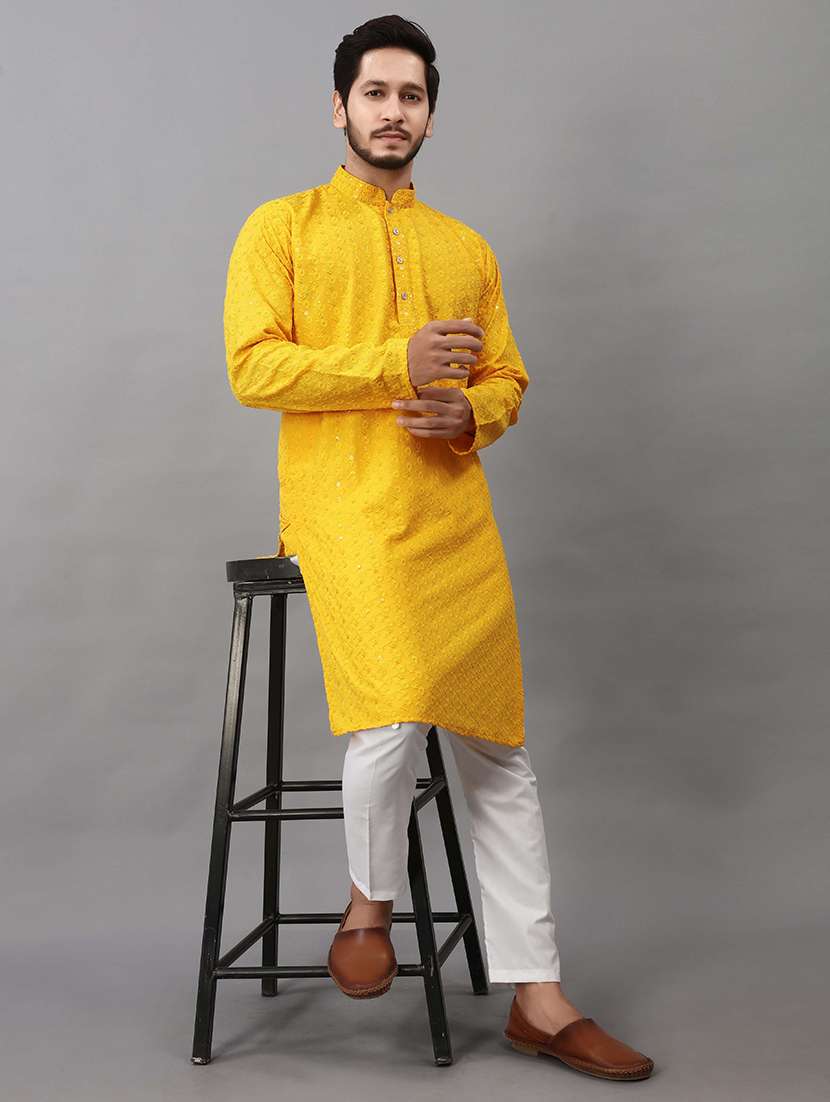 men solid with work mandarin neck kurta pyjama set