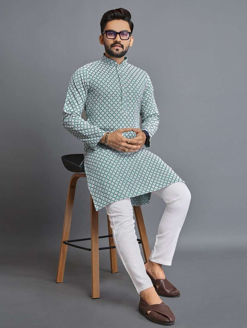 men solid with work mandarin neck long kurta