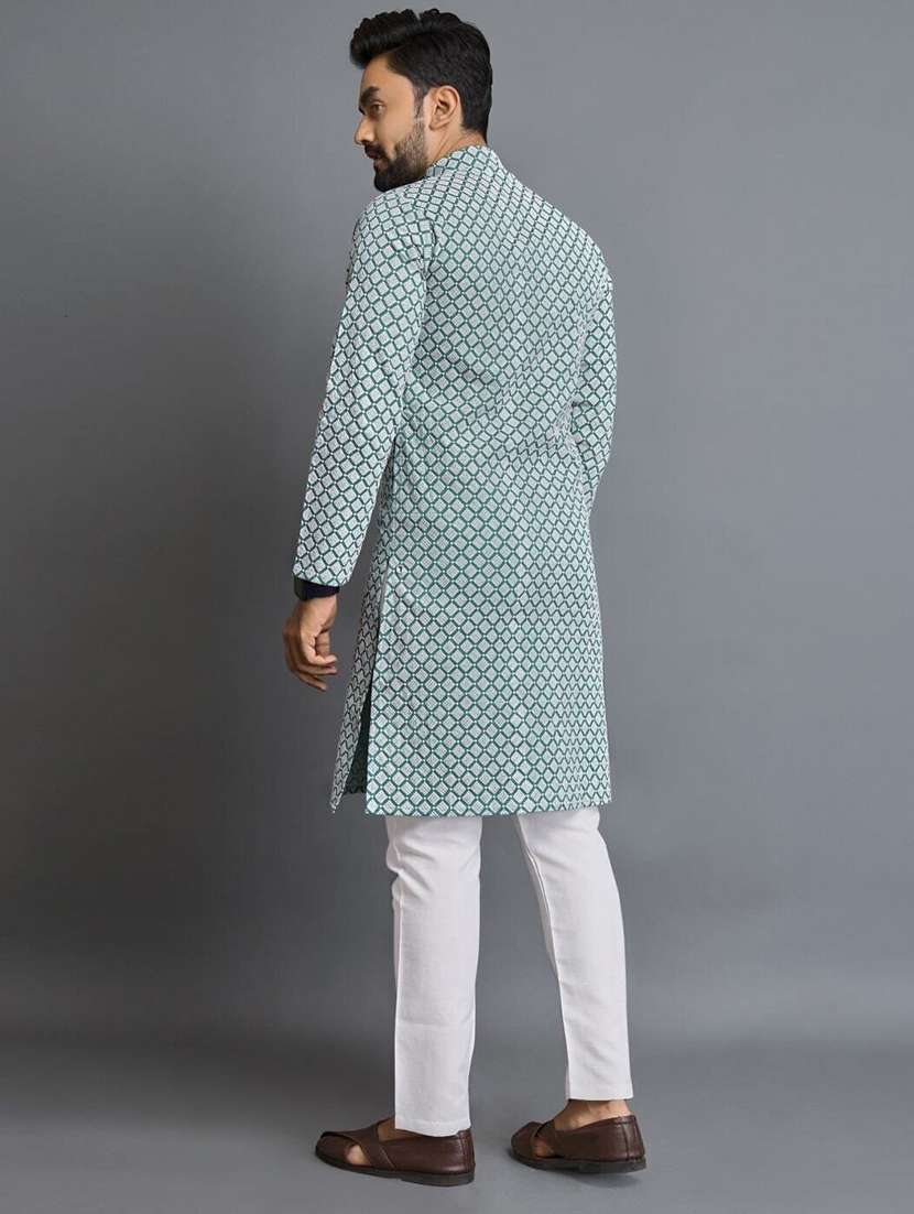 men solid with work mandarin neck long kurta - 22596666 -  Standard Image - 3