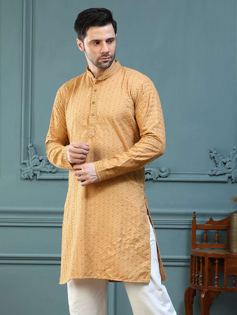 men solid with work mandarin neck long kurta