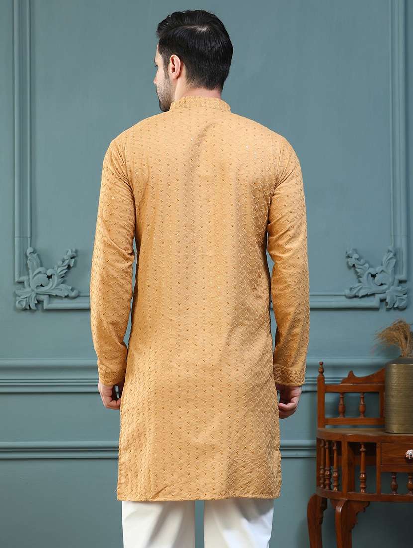 men solid with work mandarin neck long kurta - 22596686 -  Standard Image - 3