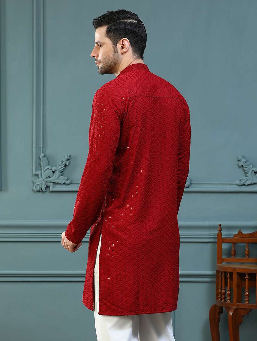 Men Solid With Work Mandarin Neck Long Kurta - 22596691 -  Standard Image - 3
