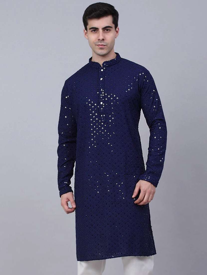 men solid with work mandarin neck long kurta