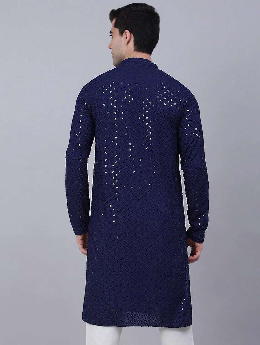 men solid with work mandarin neck long kurta - 22596706 -  Standard Image - 3