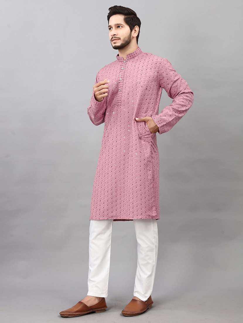 men solid with work mandarin neck long kurta - 22596724 -  Standard Image - 3