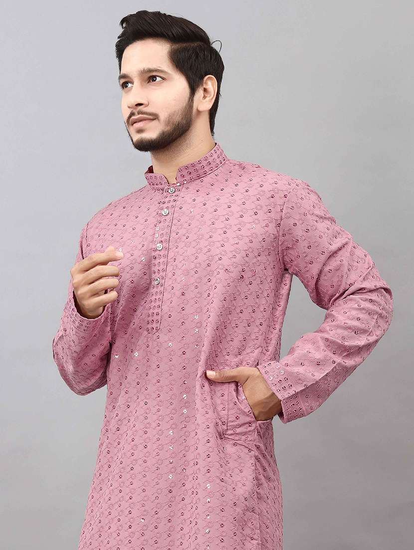 men solid with work mandarin neck long kurta - 22596724 -  Standard Image - 5