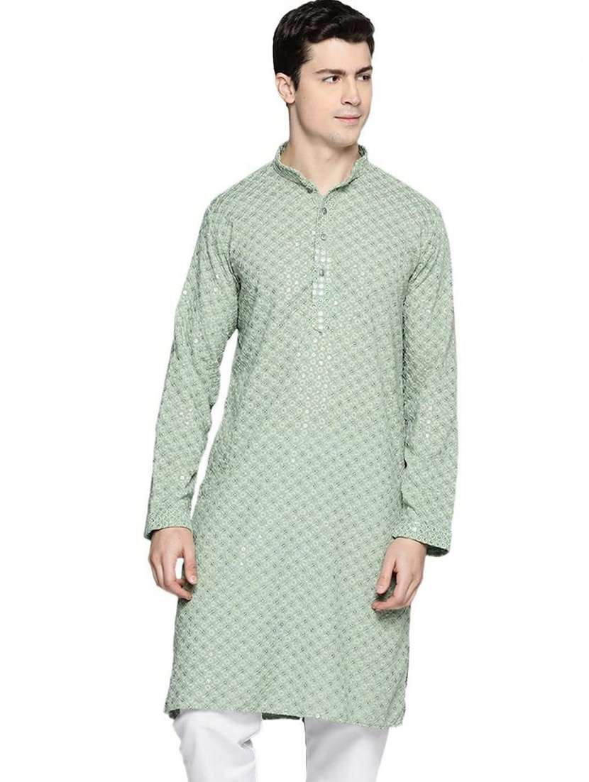 Men Solid With Work Mandarin Neck Long Kurta - 22596742 -  Standard Image - 3