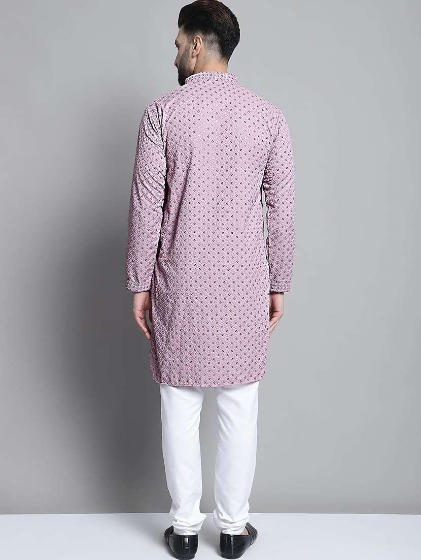 men solid with work mandarin neck long kurta - 22596743 -  Standard Image - 3