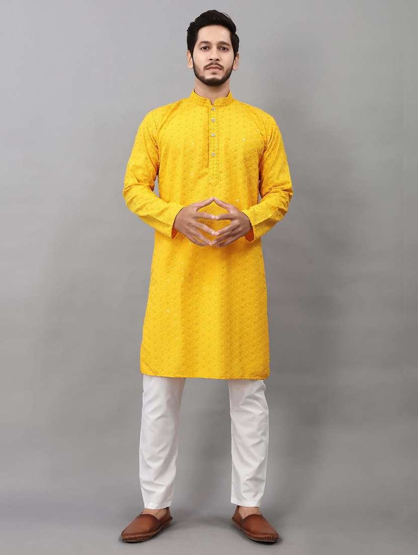 men solid with work mandarin neck long kurta
