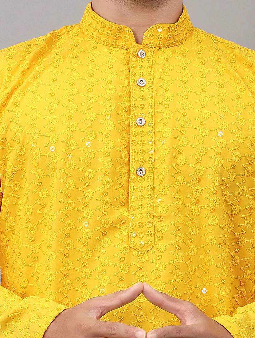 men solid with work mandarin neck long kurta - 22596746 -  Standard Image - 3