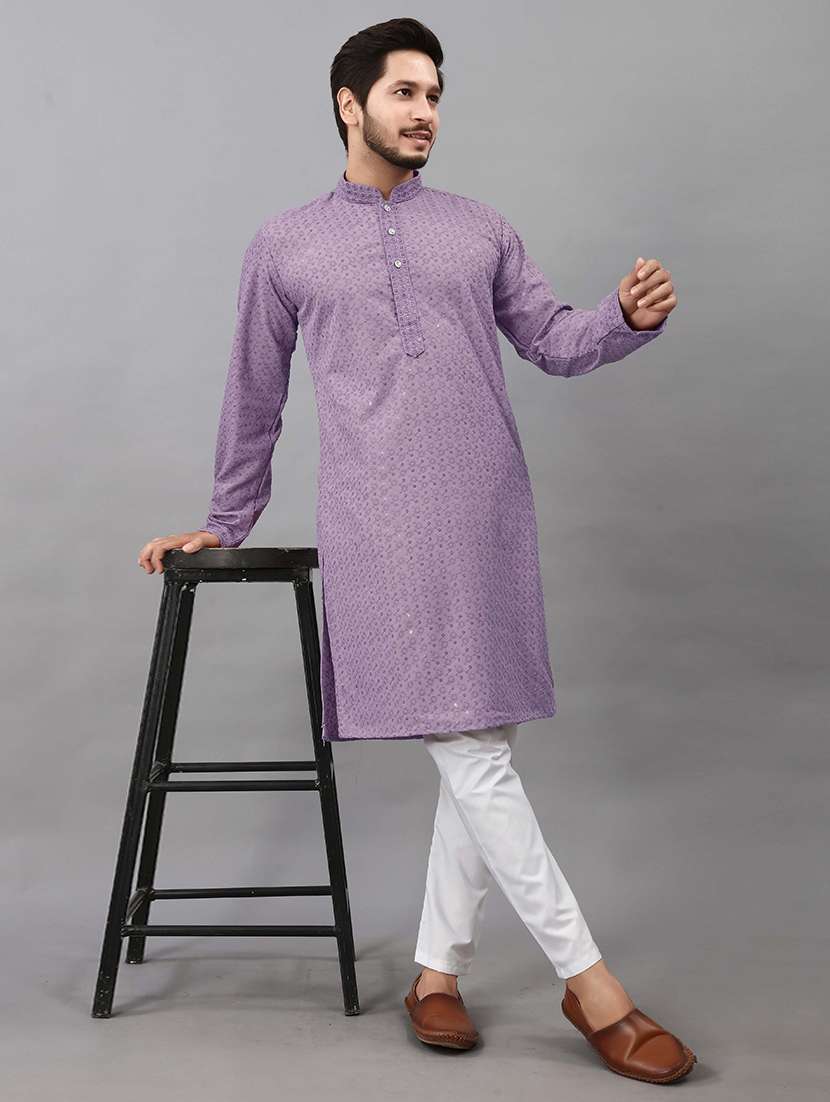 men solid with work mandarin neck long kurta