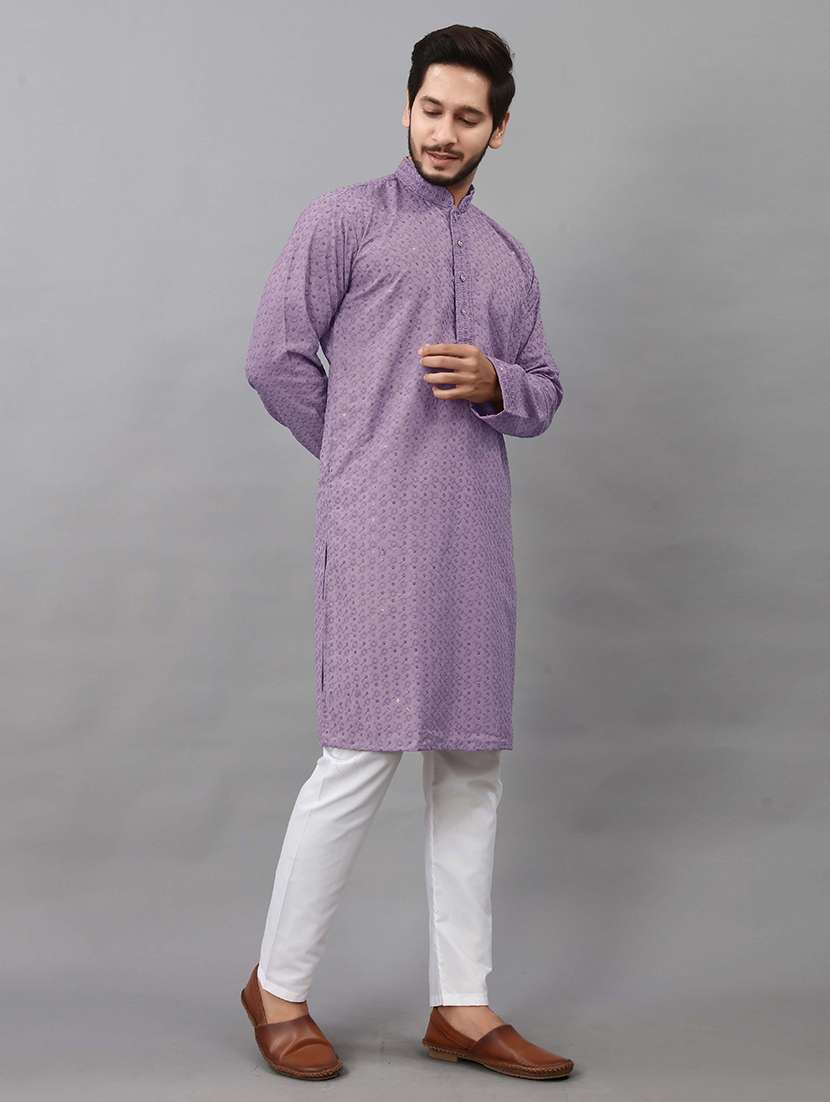 men solid with work mandarin neck long kurta - 22596747 -  Standard Image - 3