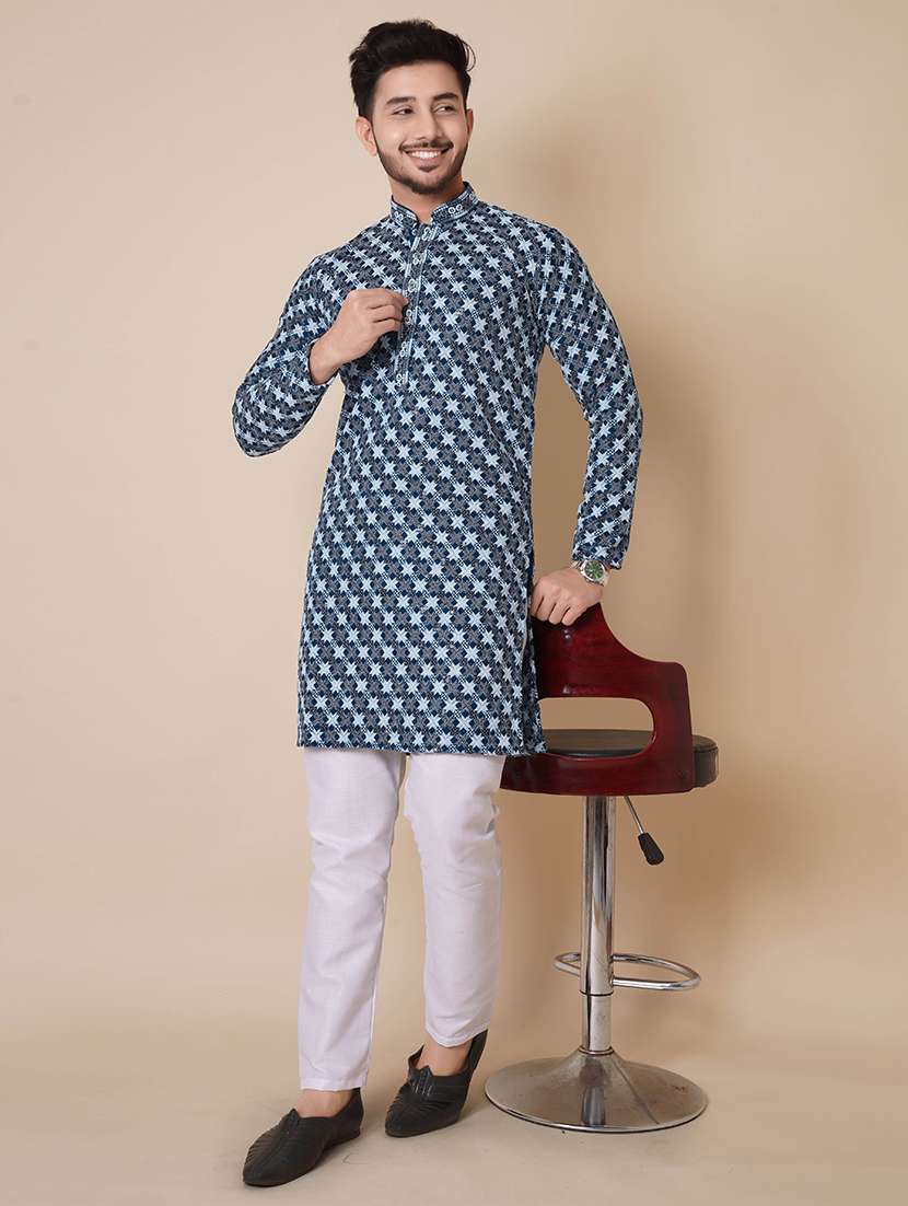 men solid with work mandarin neck long kurta
