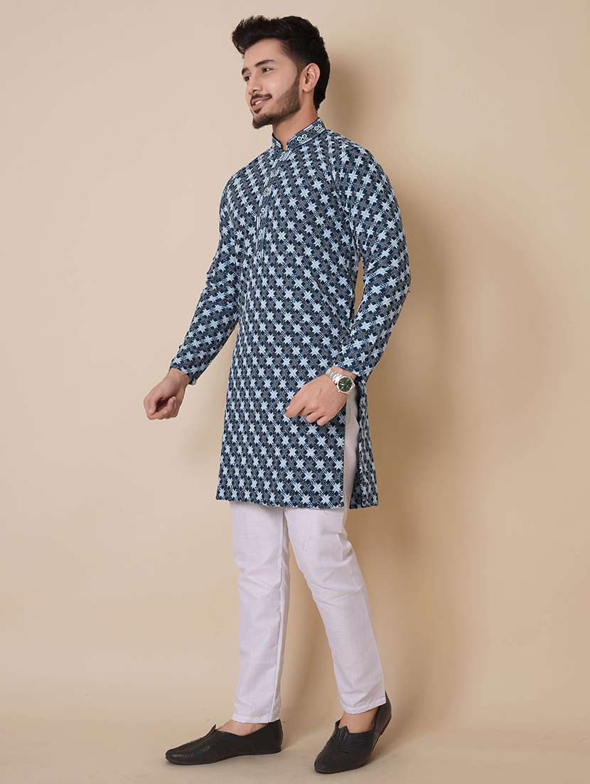 men solid with work mandarin neck long kurta - 22596748 -  Standard Image - 3