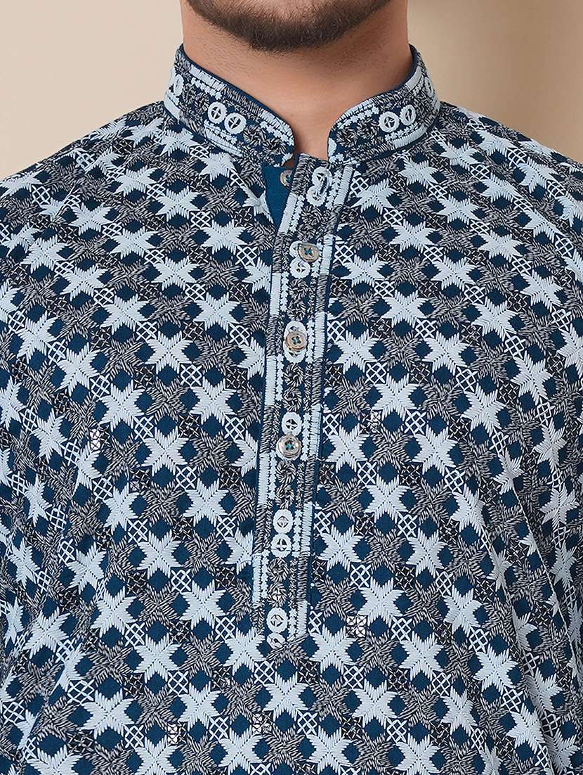 men solid with work mandarin neck long kurta - 22596748 -  Standard Image - 5
