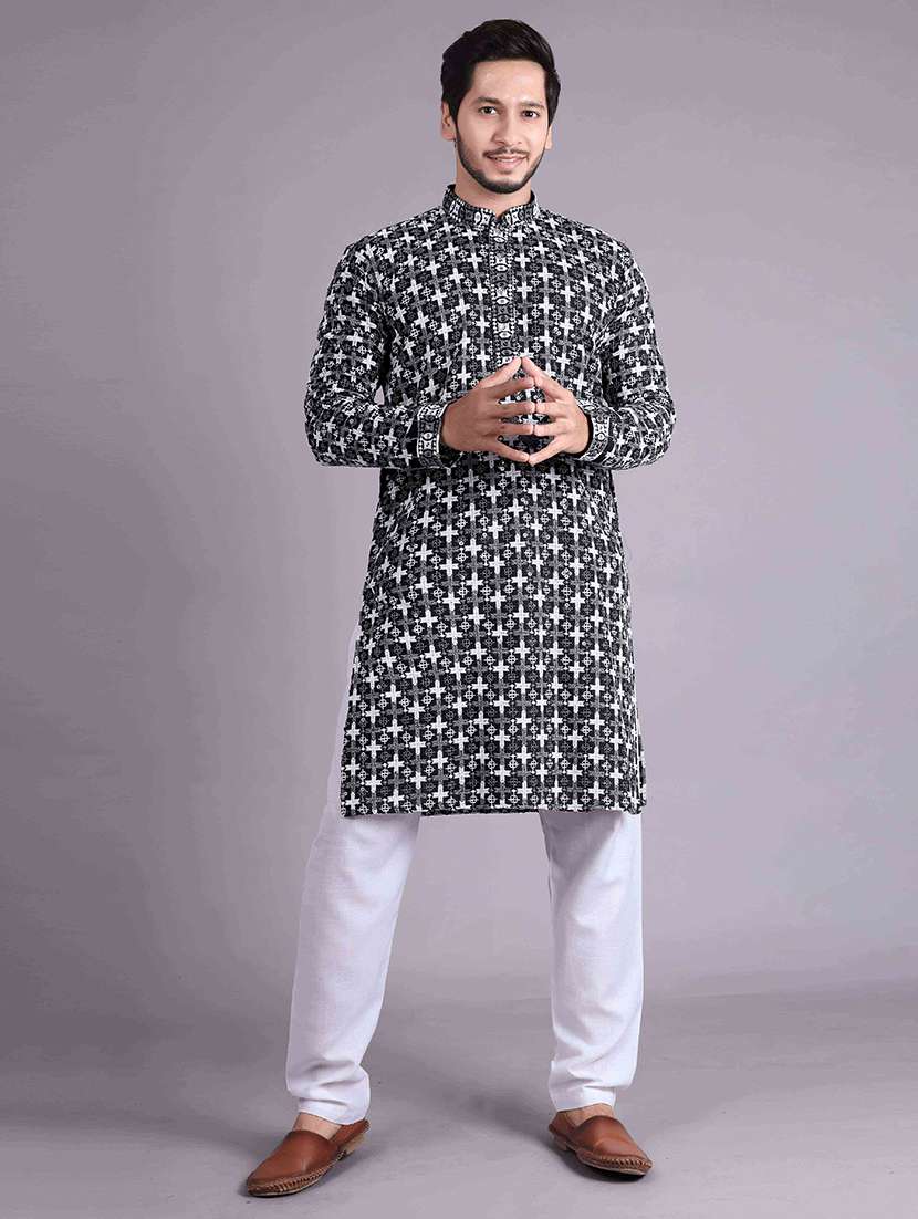 men solid with work mandarin neck long kurta