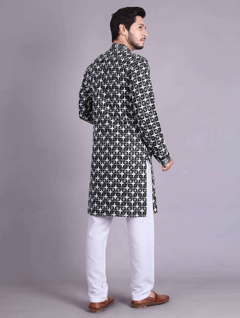 men solid with work mandarin neck long kurta - 22596749 -  Standard Image - 3