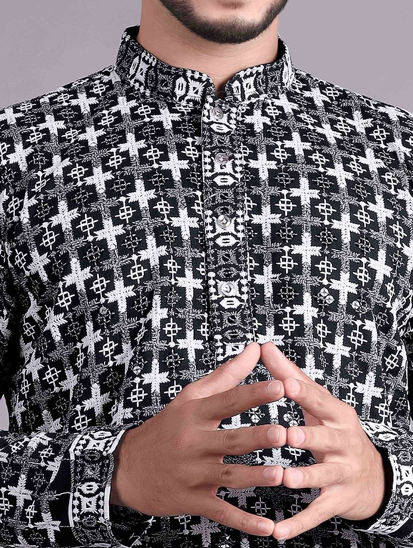 men solid with work mandarin neck long kurta - 22596749 -  Standard Image - 5