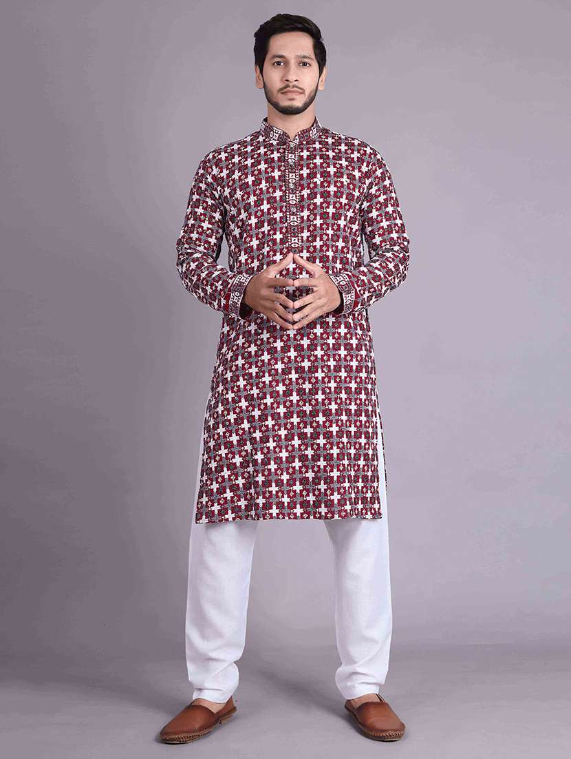 men solid with work mandarin neck long kurta