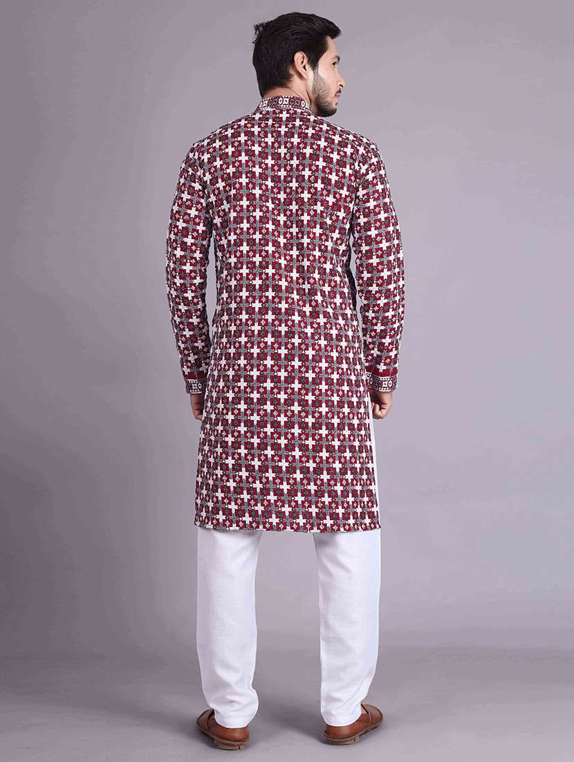 men solid with work mandarin neck long kurta - 22596750 -  Standard Image - 3
