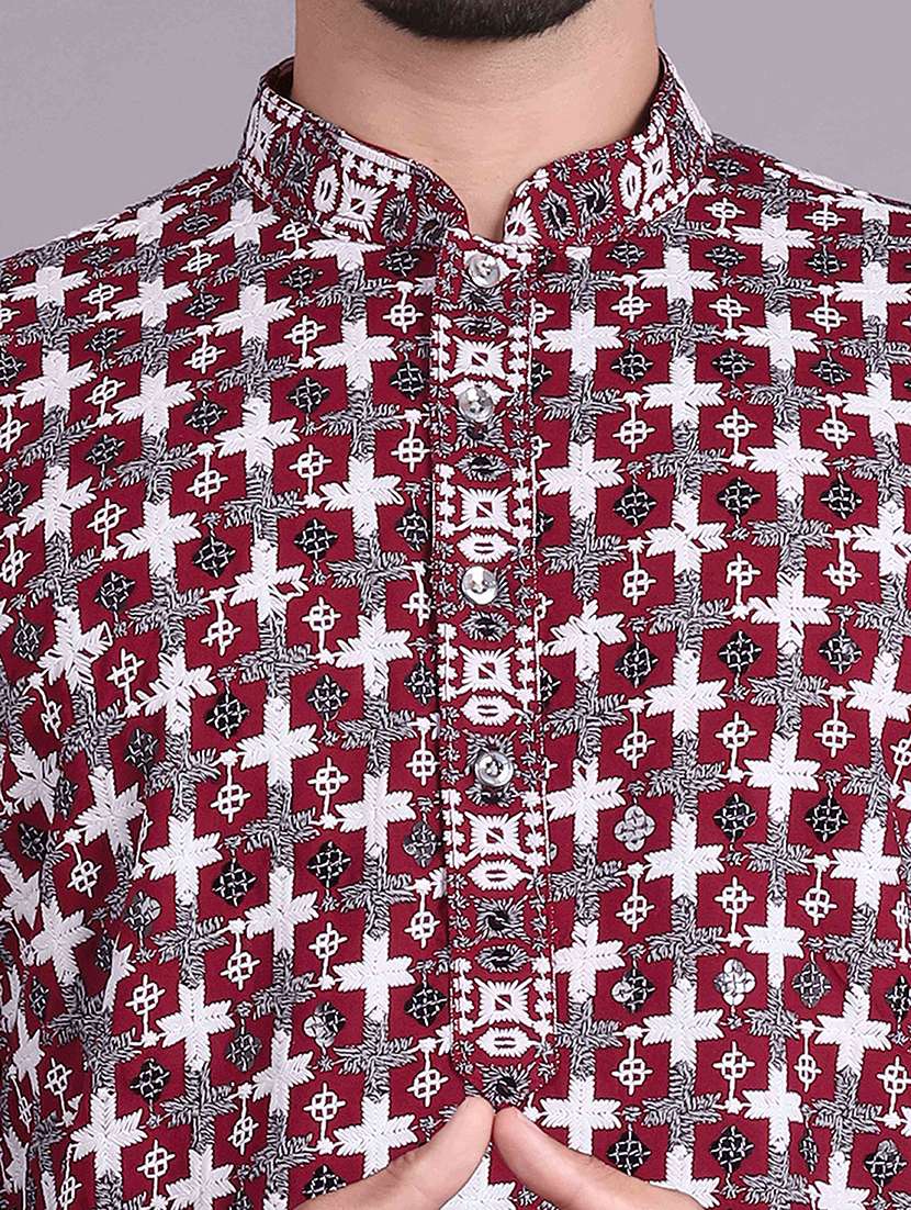 men solid with work mandarin neck long kurta - 22596750 -  Standard Image - 5