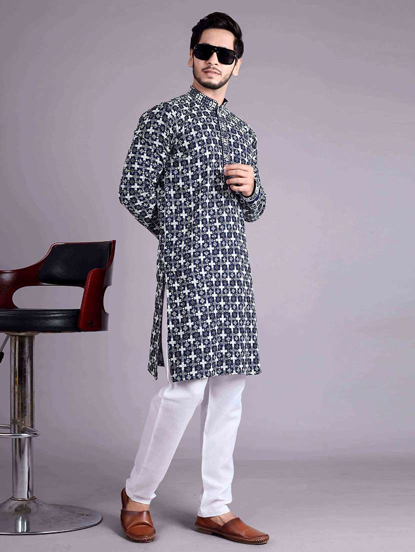 men solid with work mandarin neck long kurta