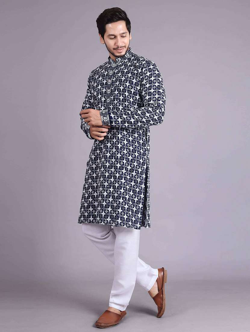 men solid with work mandarin neck long kurta - 22596751 -  Standard Image - 3