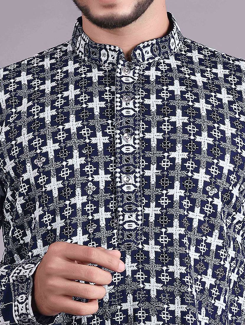 men solid with work mandarin neck long kurta - 22596751 -  Standard Image - 5