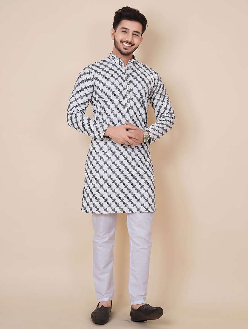 men solid with work mandarin neck long kurta