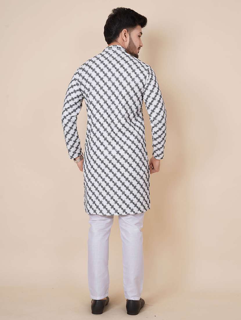 men solid with work mandarin neck long kurta - 22596752 -  Standard Image - 3