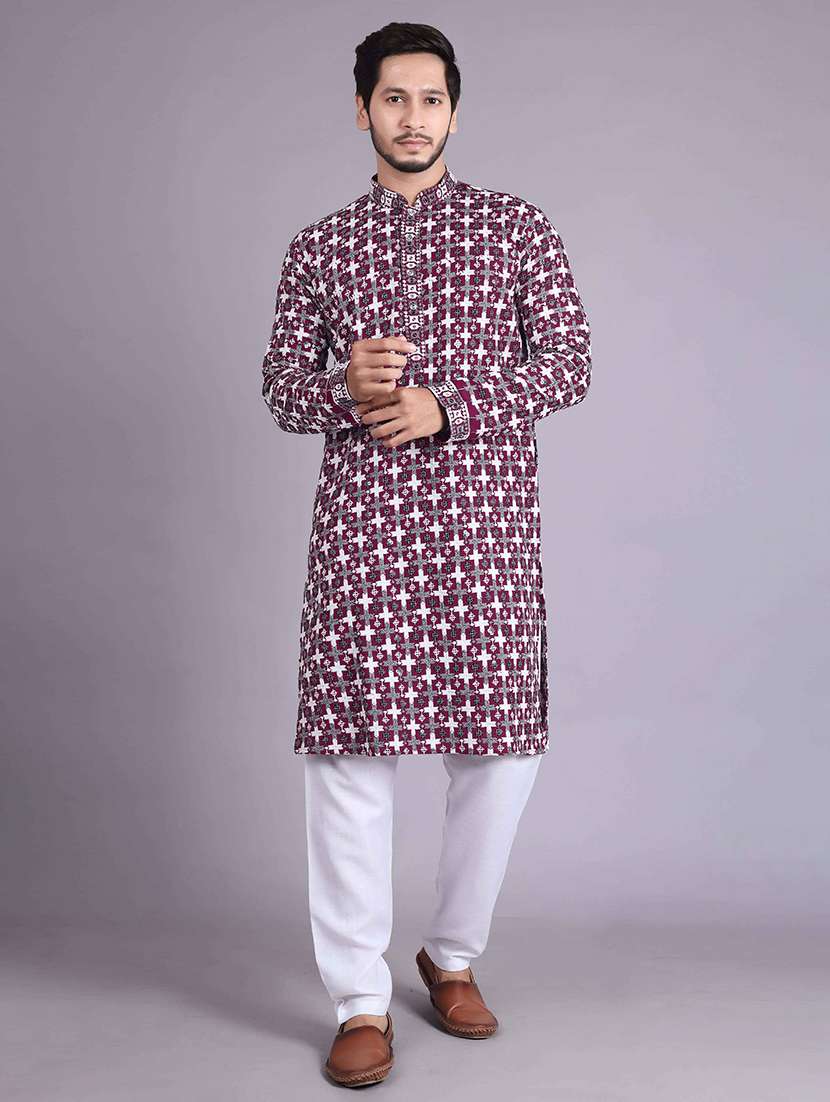 men solid with work mandarin neck long kurta