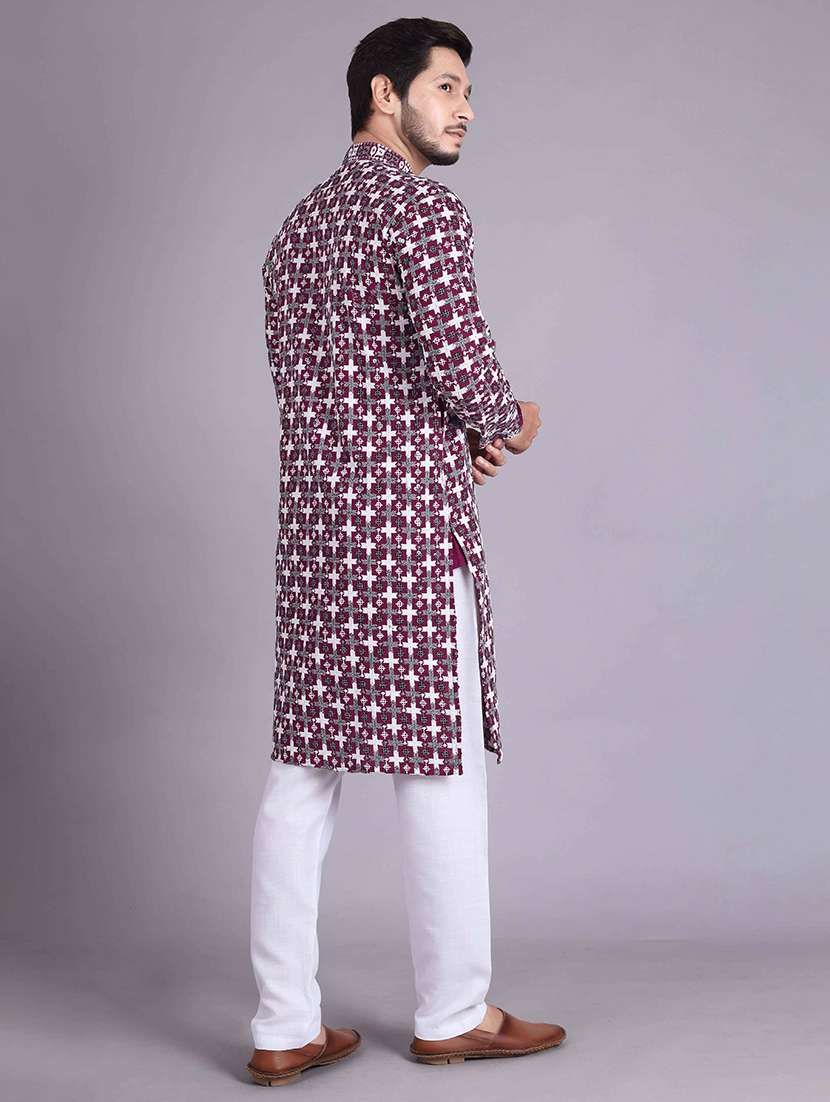 men solid with work mandarin neck long kurta - 22596753 -  Standard Image - 3