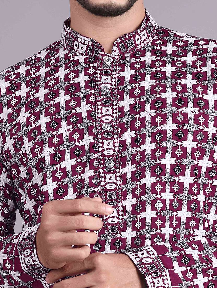 men solid with work mandarin neck long kurta - 22596753 -  Standard Image - 5