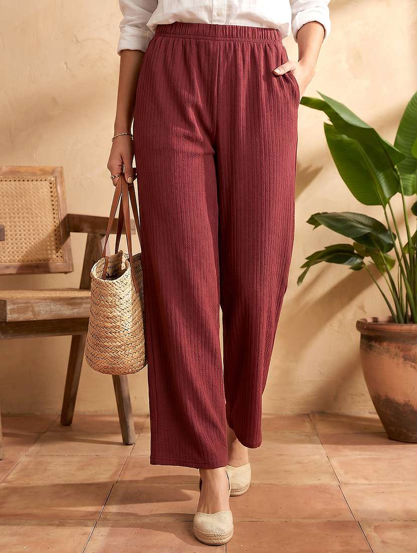 women self design mid rise straight trouser