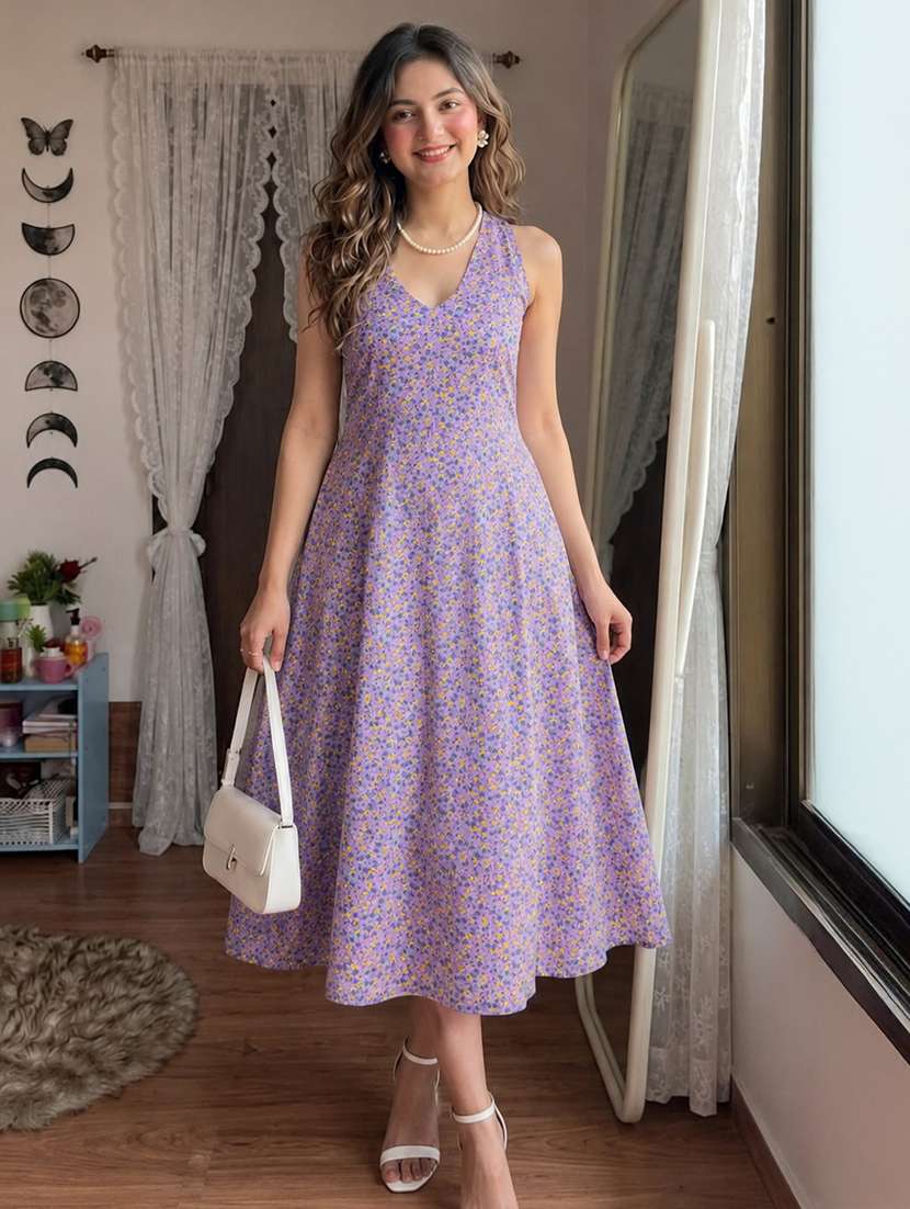 women printed sleeveless fit and flare dress