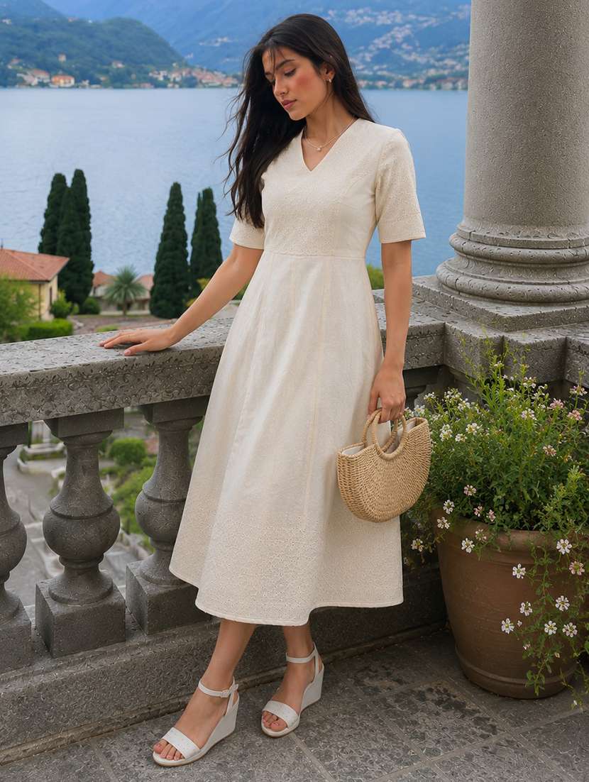 women self design short sleeves fit and flare dress