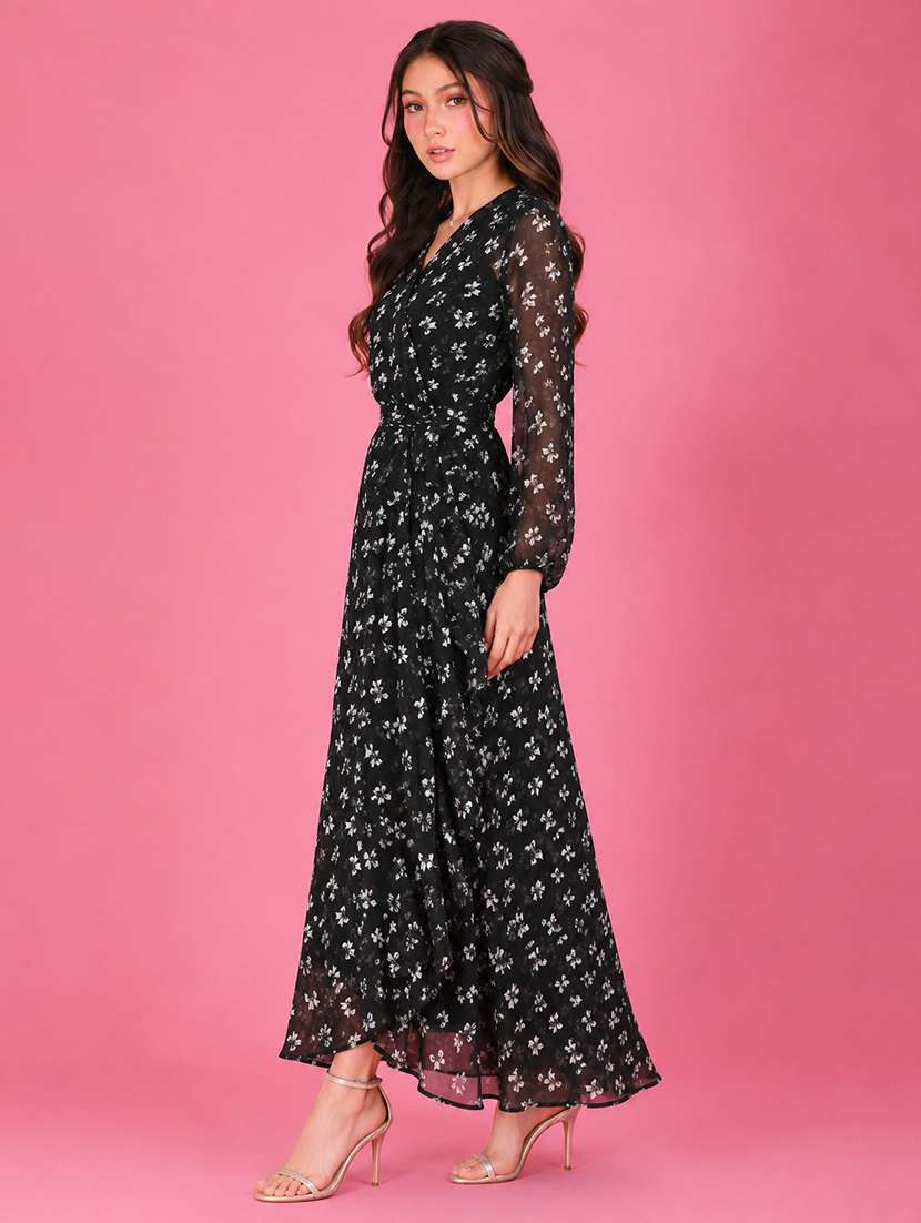 women printed long sleeves wrap dress - 22597000 -  Standard Image - 3