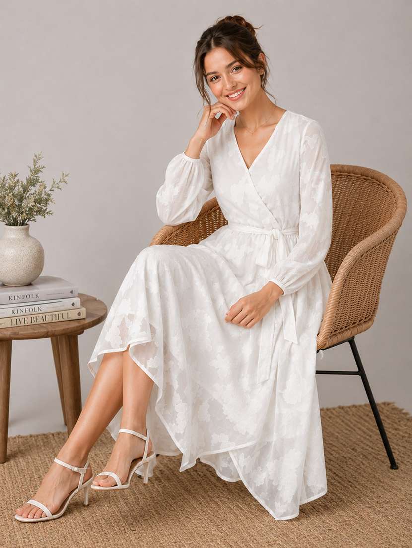 women self design long sleeves wrap dress