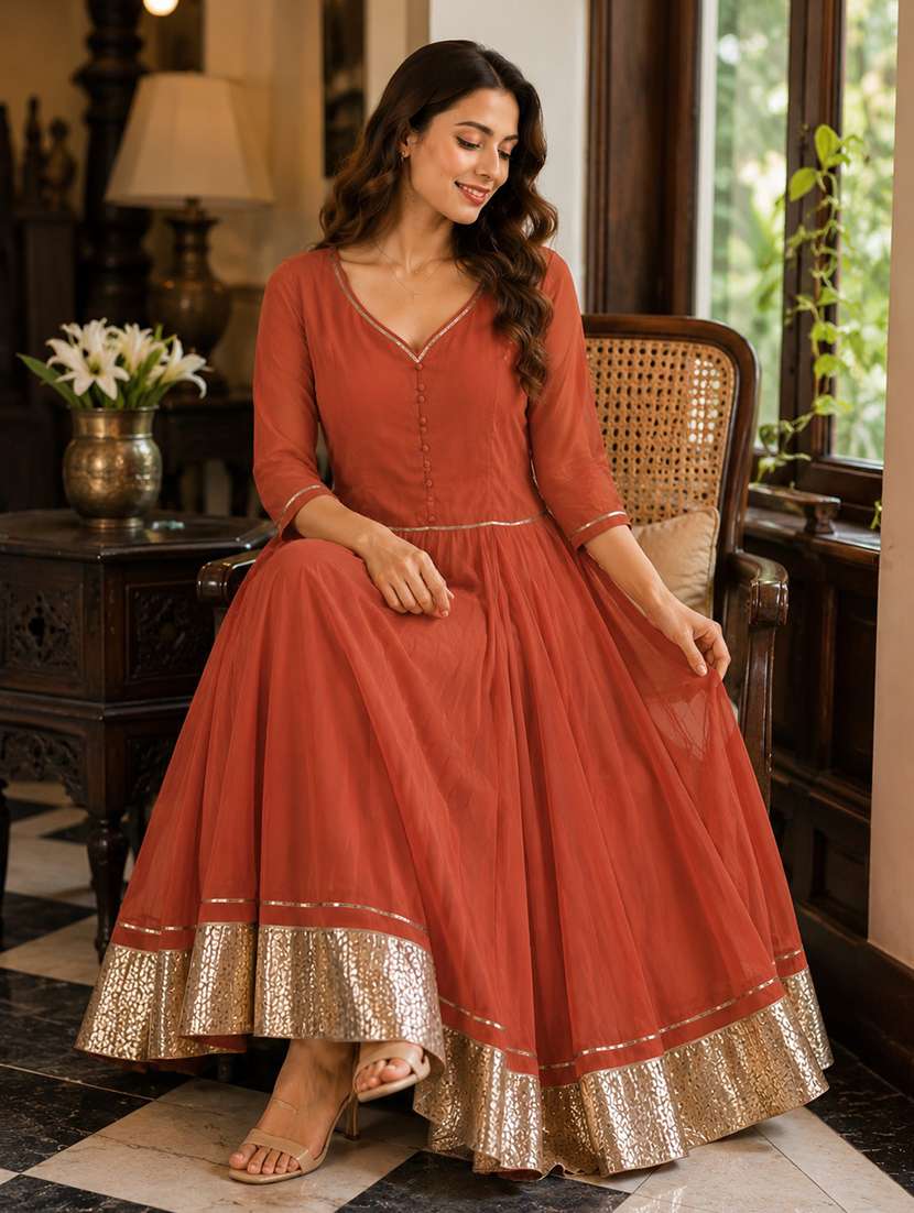 women solid three quarter sleeves anarkali dress