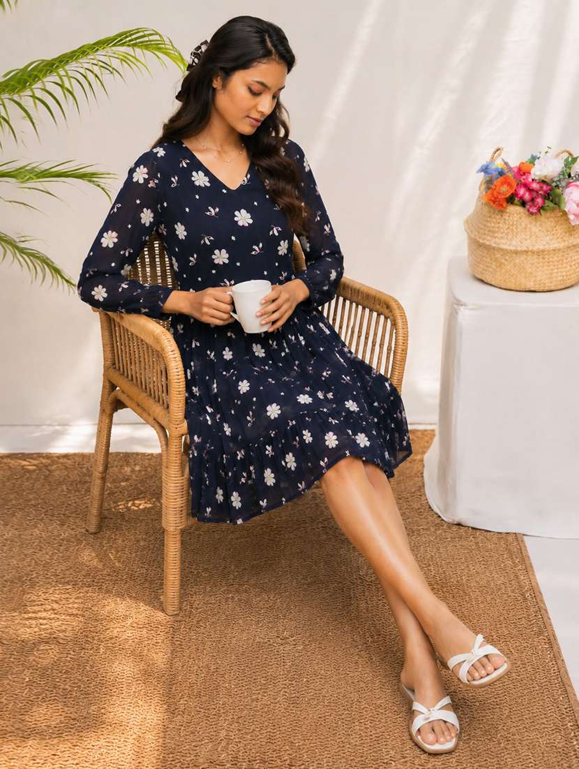 women printed long sleeves tiered dress