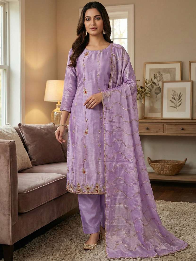 women solid with work unstitched suit set