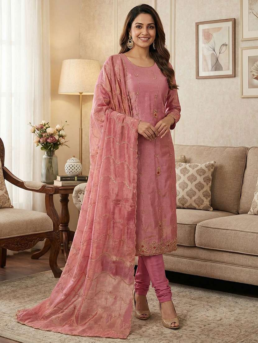 women solid with work unstitched suit set