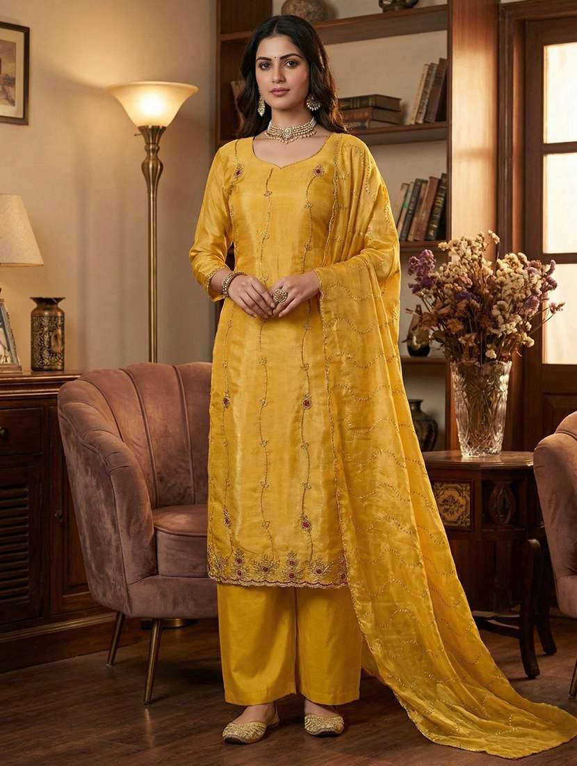 women solid with work unstitched suit set
