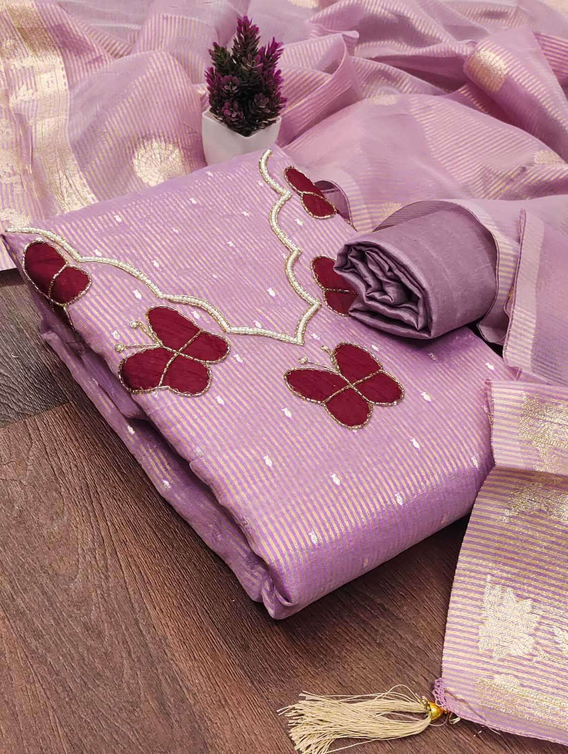 Women Striped Unstitched Suit Set - 22597049 -  Standard Image - 3