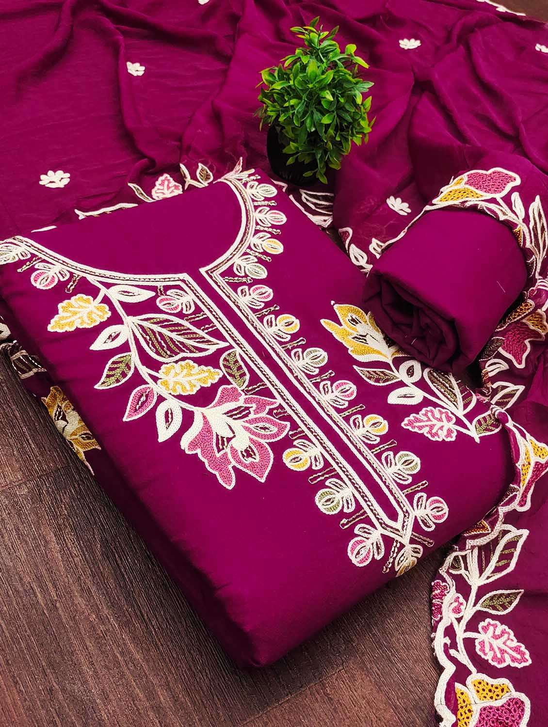 women solid with work unstitched suit set
