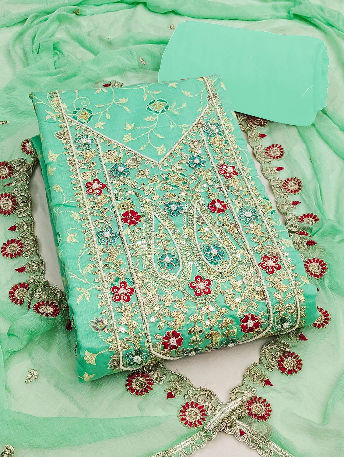 women solid with work unstitched suit set